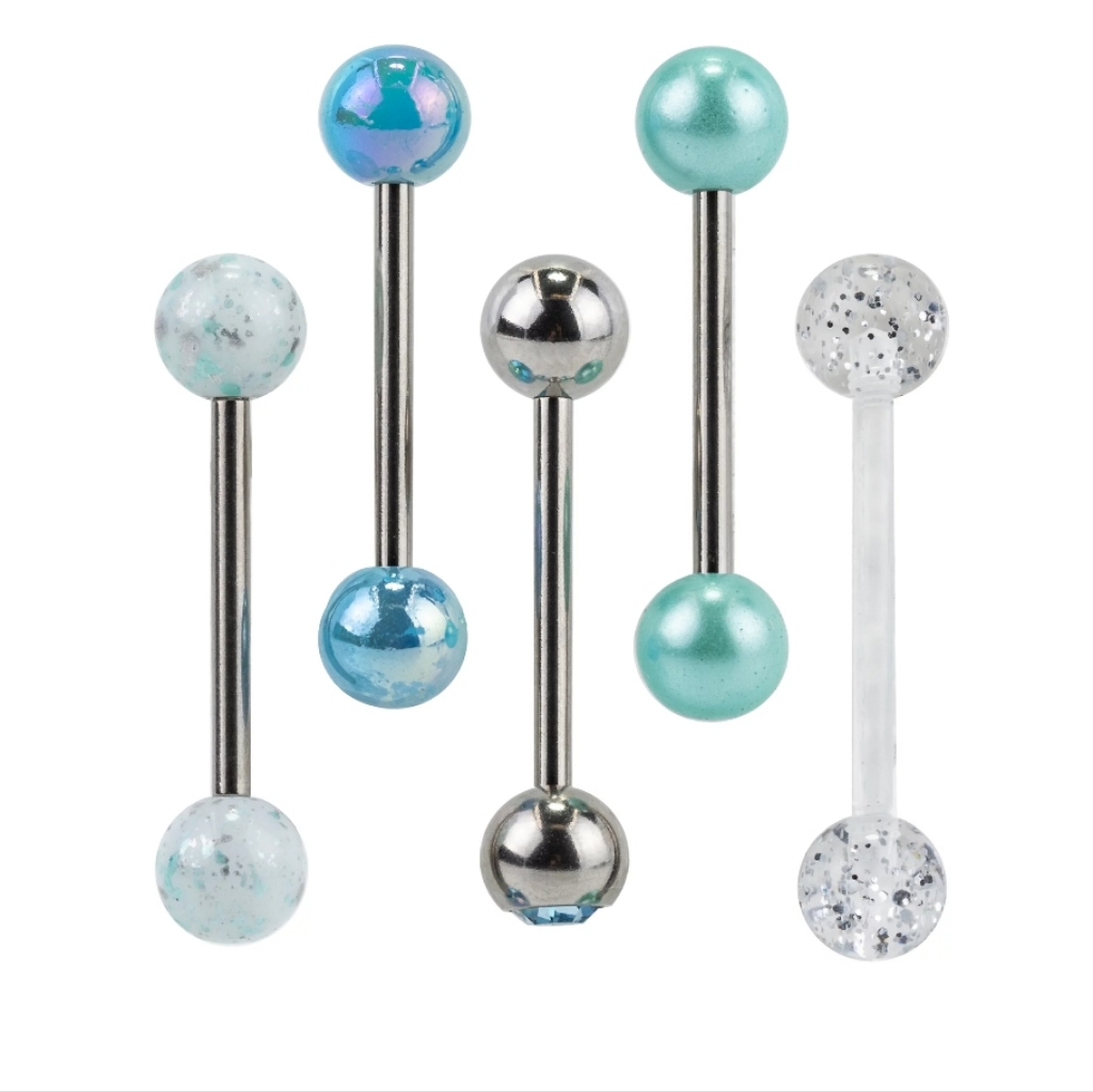 Aqua Barbell Tongue Rings  Blue 5 Pack